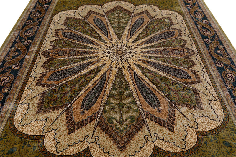 8x10 Light Green and Navy Turkish Silk Rug