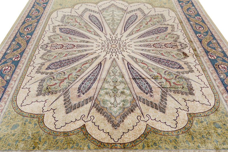 8x10 Light Green and Navy Turkish Silk Rug