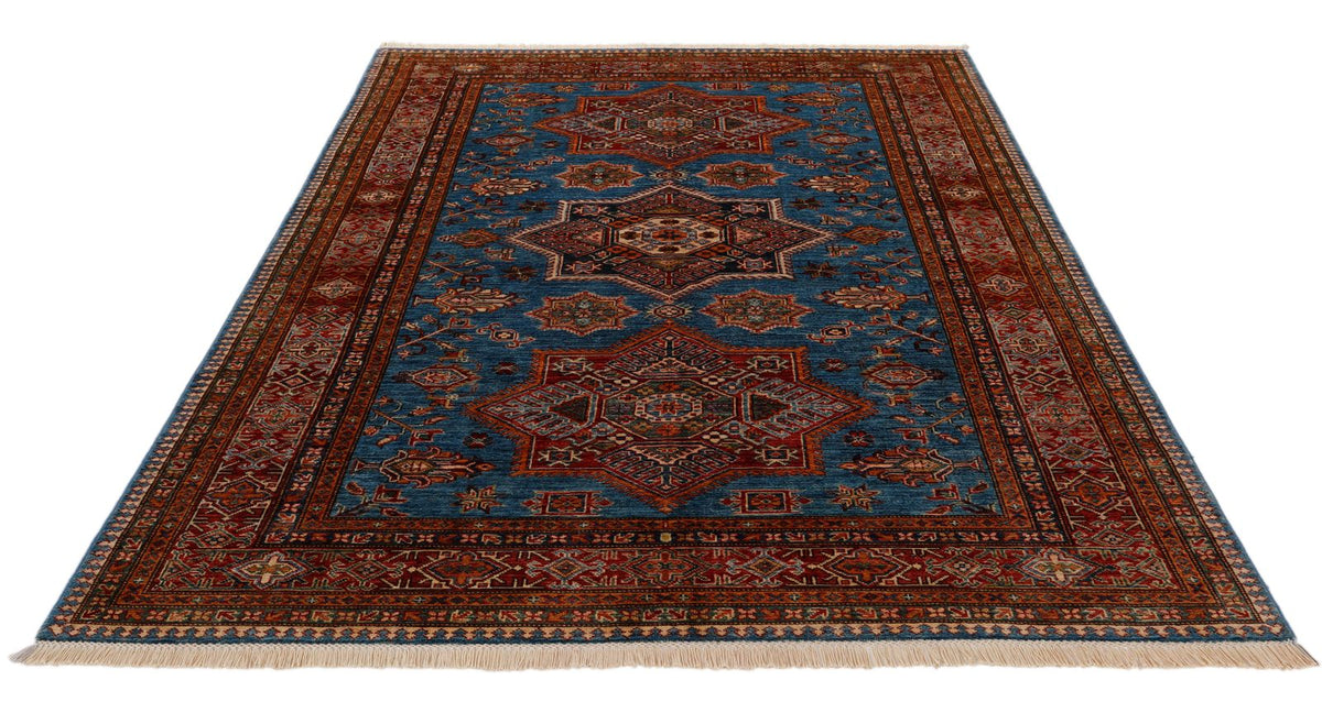 6x8 Light Blue and Red Kazak Tribal Rug