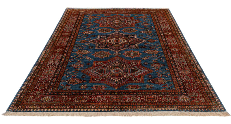 6x8 Light Blue and Red Kazak Tribal Rug