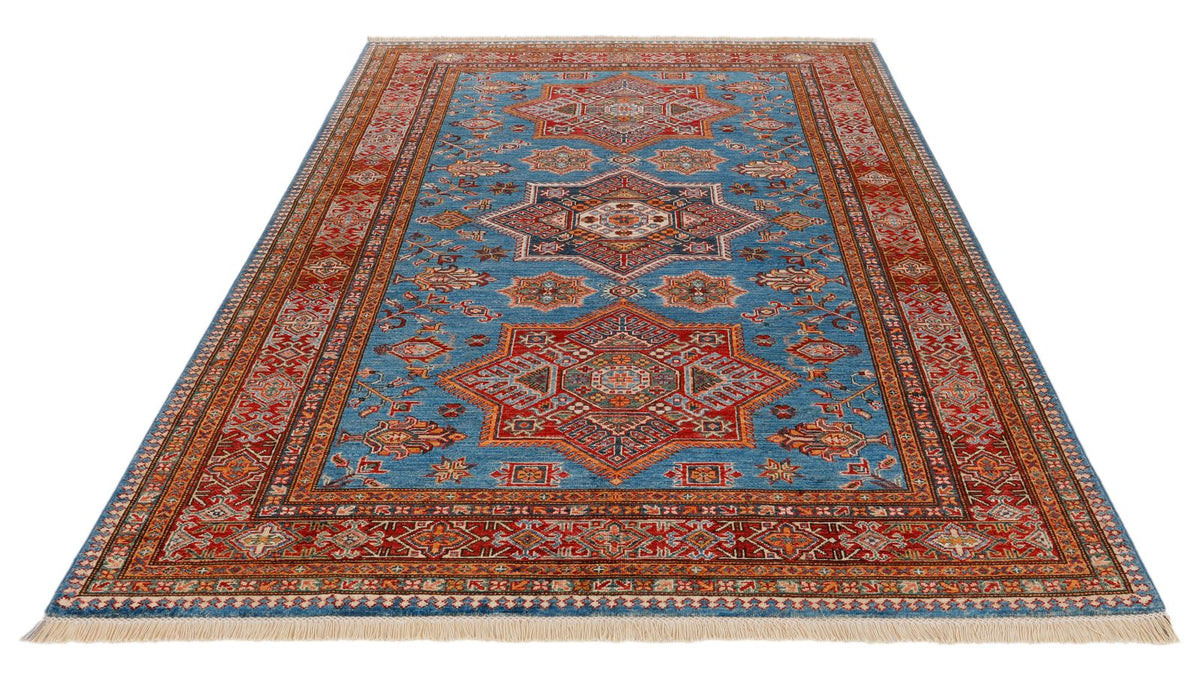 6x8 Light Blue and Red Kazak Tribal Rug