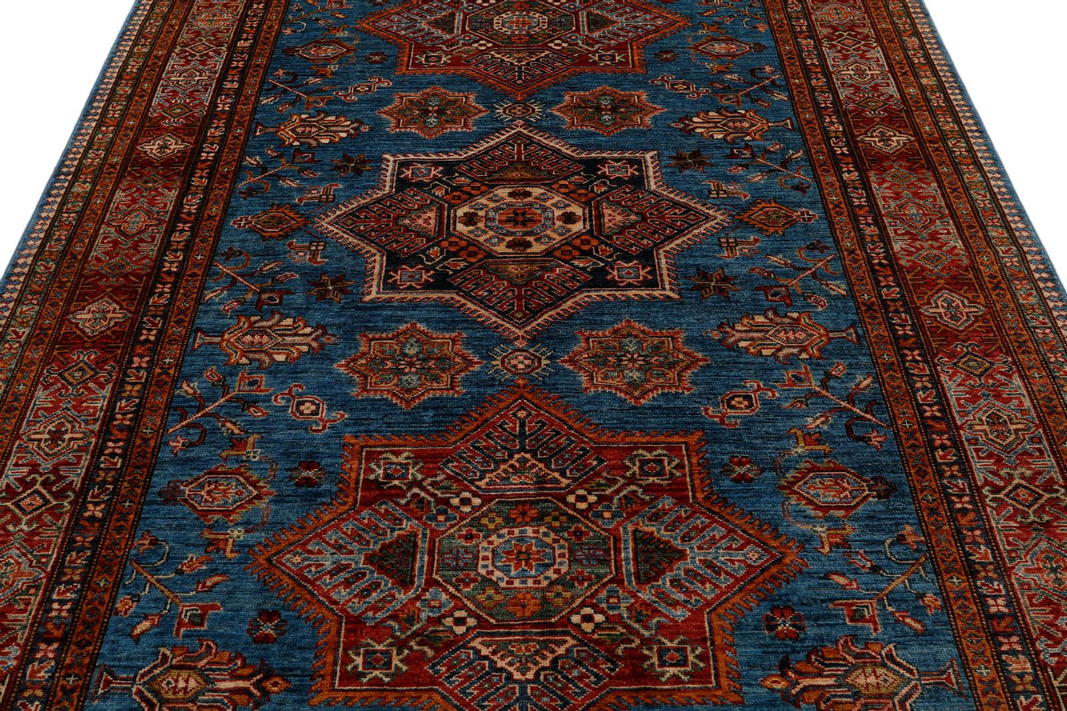 6x8 Light Blue and Red Kazak Tribal Rug