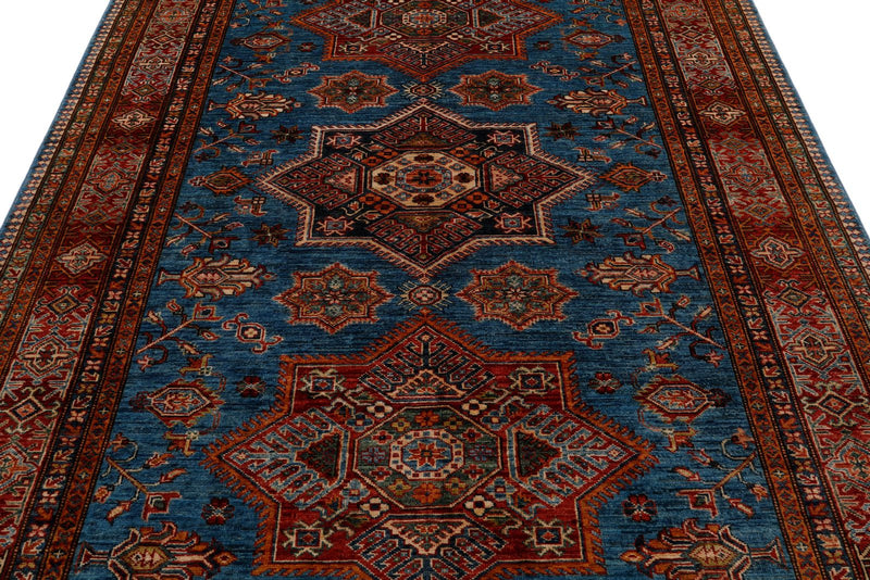 6x8 Light Blue and Red Kazak Tribal Rug
