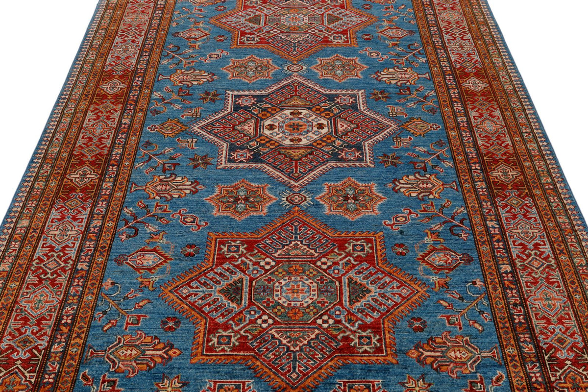 6x8 Light Blue and Red Kazak Tribal Rug