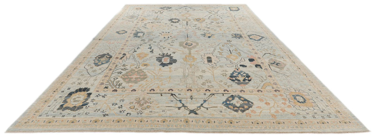 10x13 Light Blue and Multicolor Turkish Oushak Rug