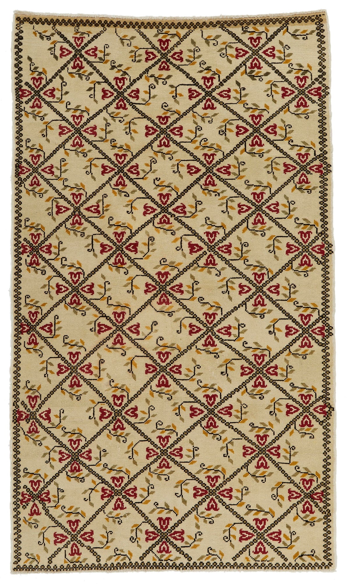 5x9 Ivory and Red Turkish Tribal Rug