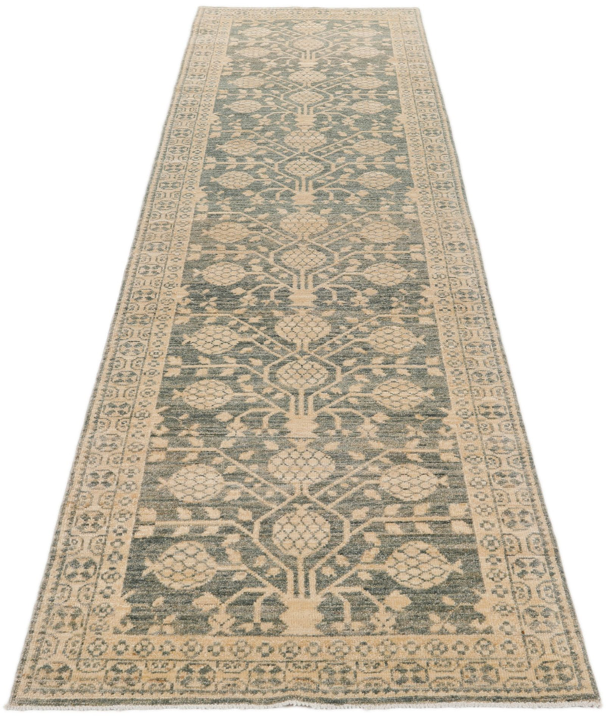 3x10 Light Green and Beige Turkish Tribal Runner