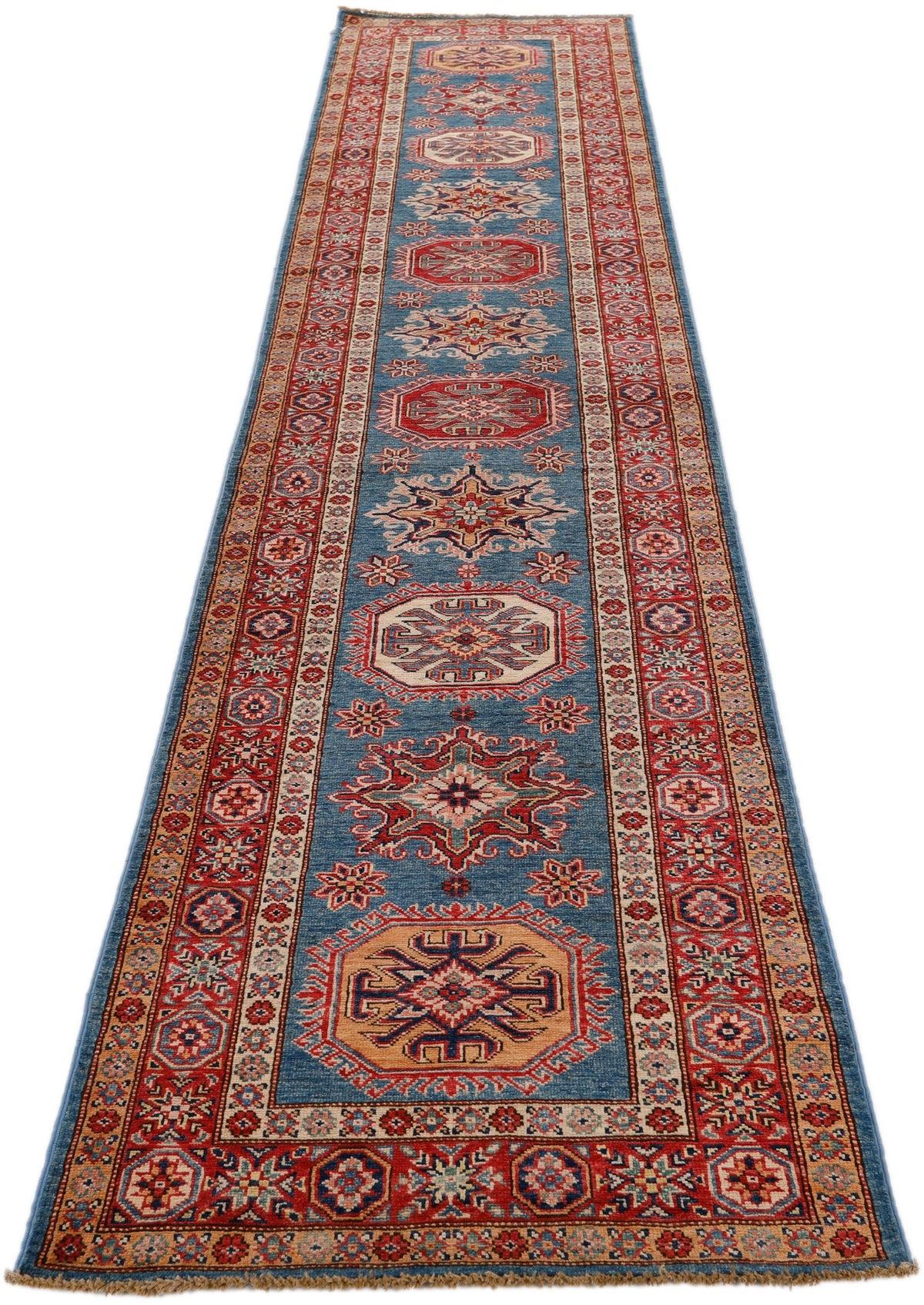 3x13 Blue and Burgundy Kazak Tribal Runner