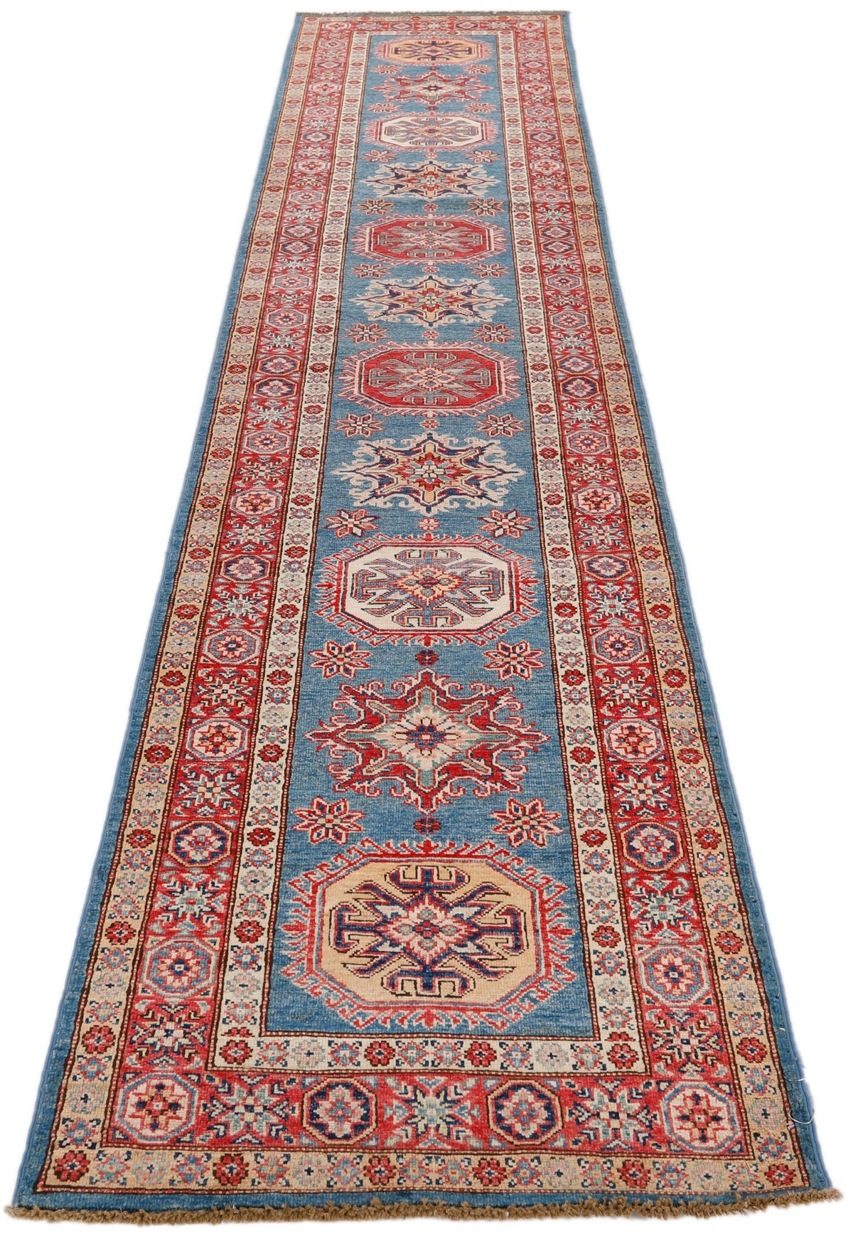 3x13 Blue and Burgundy Kazak Tribal Runner