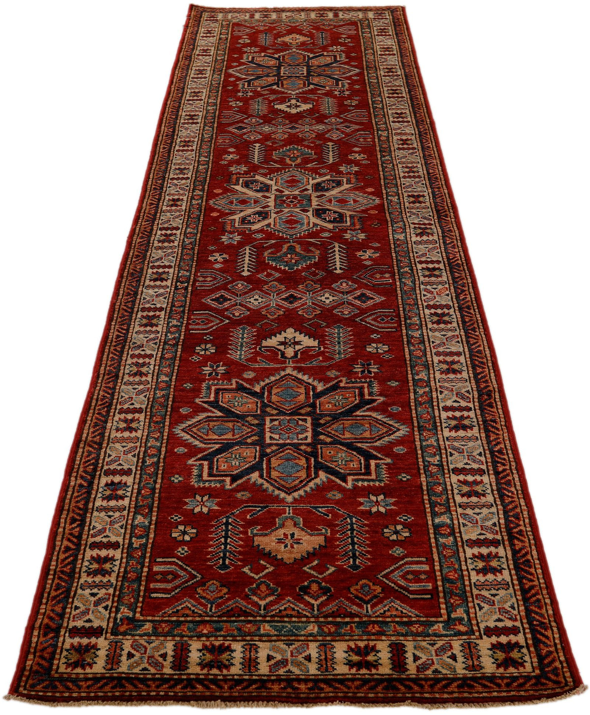 3x10 Red and Ivory Kazak Tribal Runner