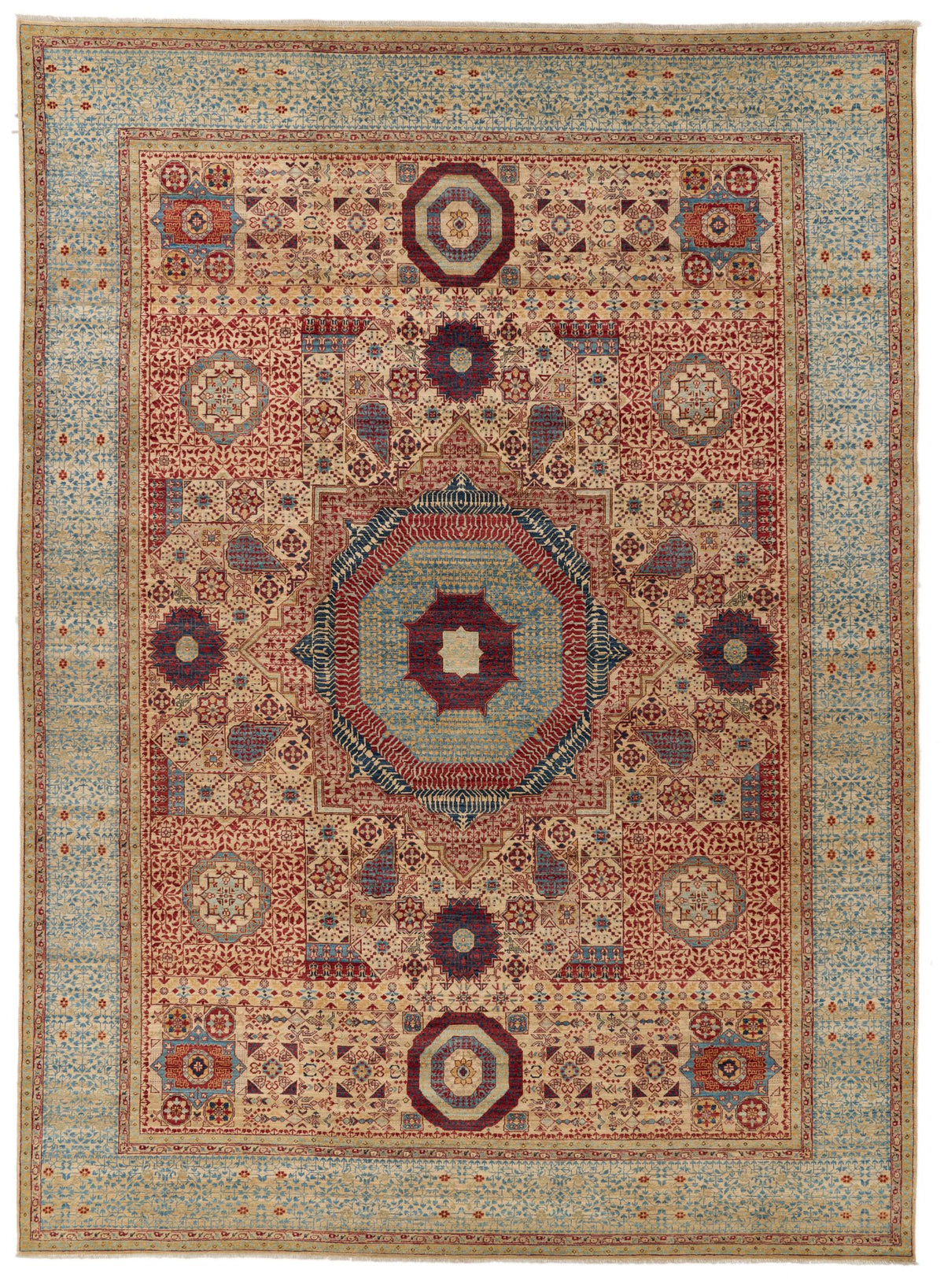 9x12 Ivory and Light Blue Turkish Tribal Rug