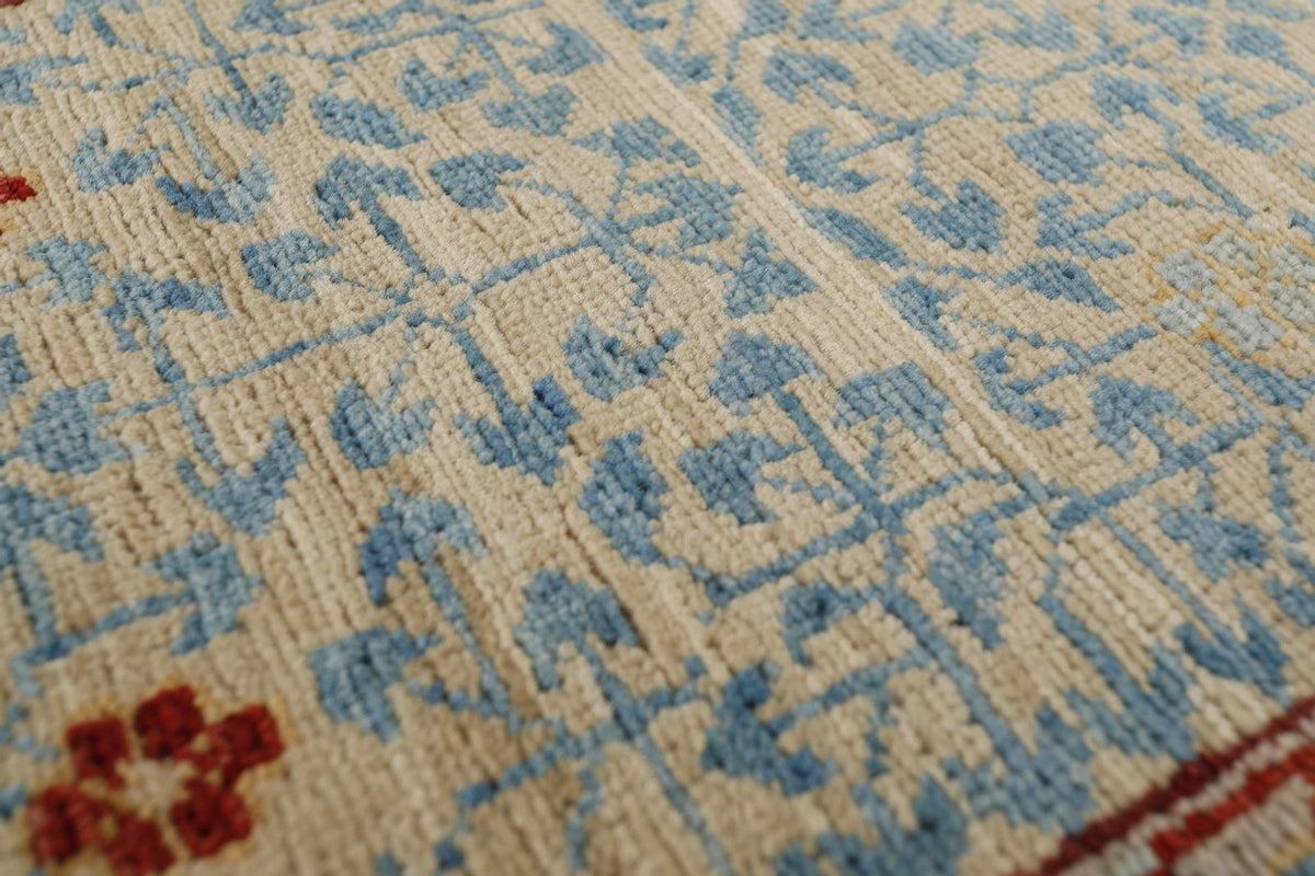 9x12 Ivory and Light Blue Turkish Tribal Rug