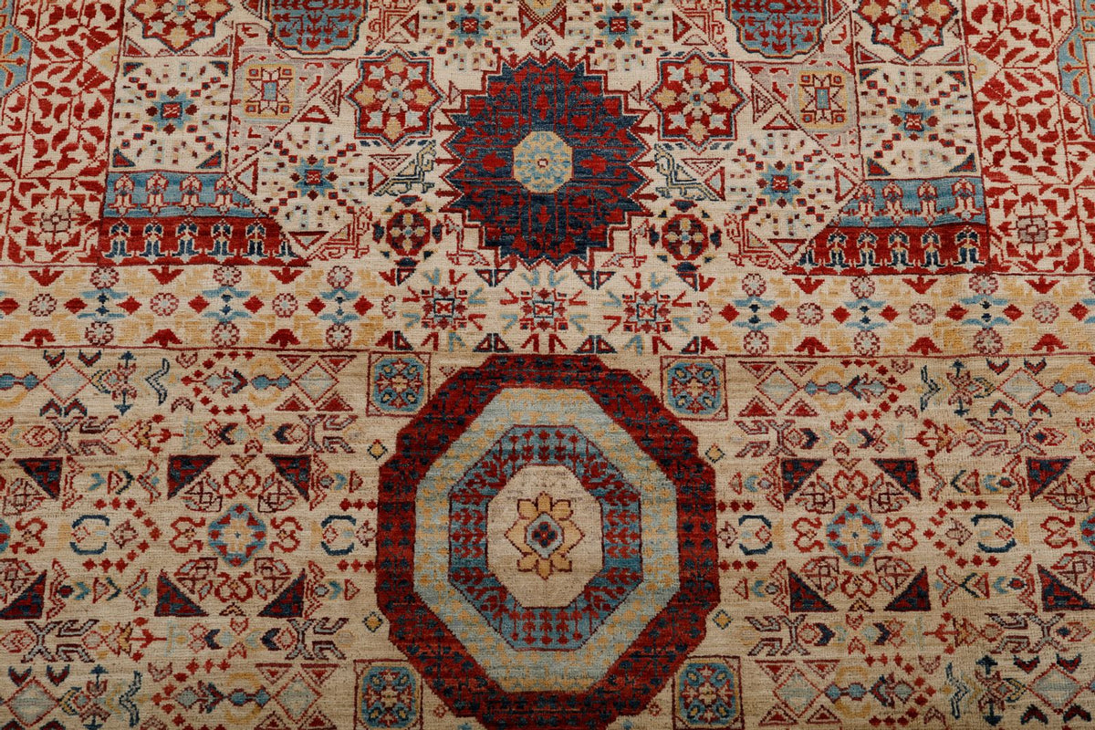 9x12 Ivory and Light Blue Turkish Tribal Rug