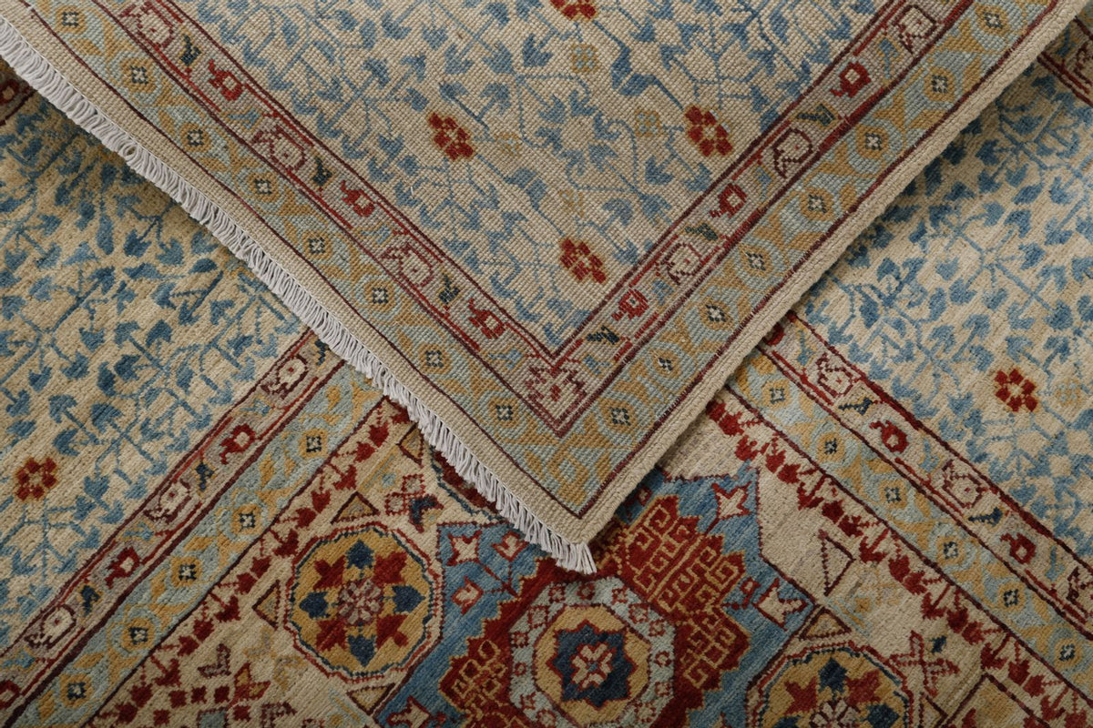 9x12 Ivory and Light Blue Turkish Tribal Rug