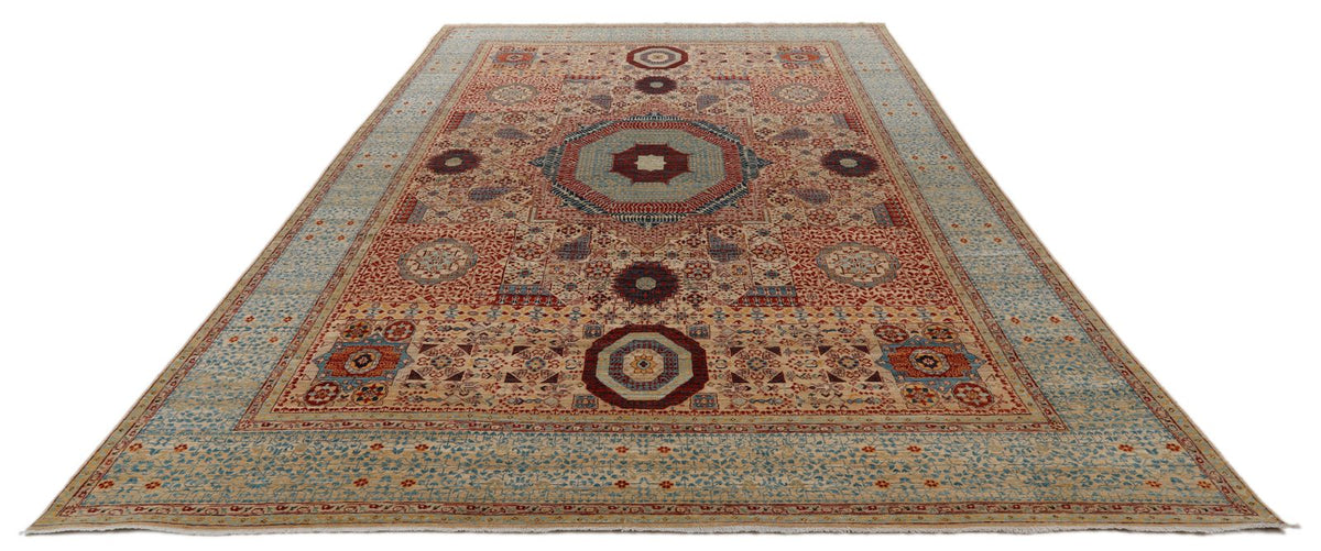9x12 Ivory and Light Blue Turkish Tribal Rug