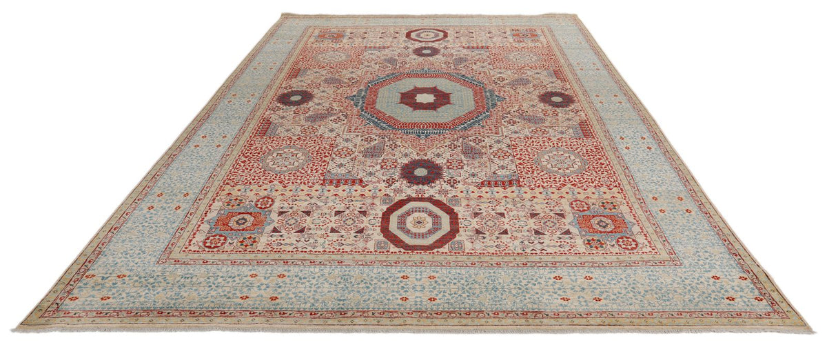 9x12 Ivory and Light Blue Turkish Tribal Rug