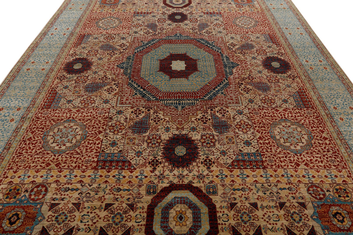 9x12 Ivory and Light Blue Turkish Tribal Rug