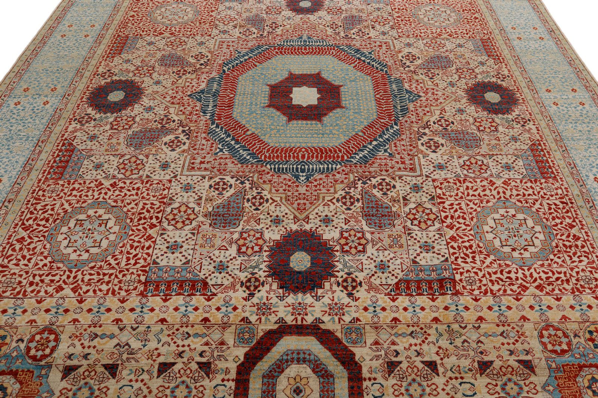 9x12 Ivory and Light Blue Turkish Tribal Rug