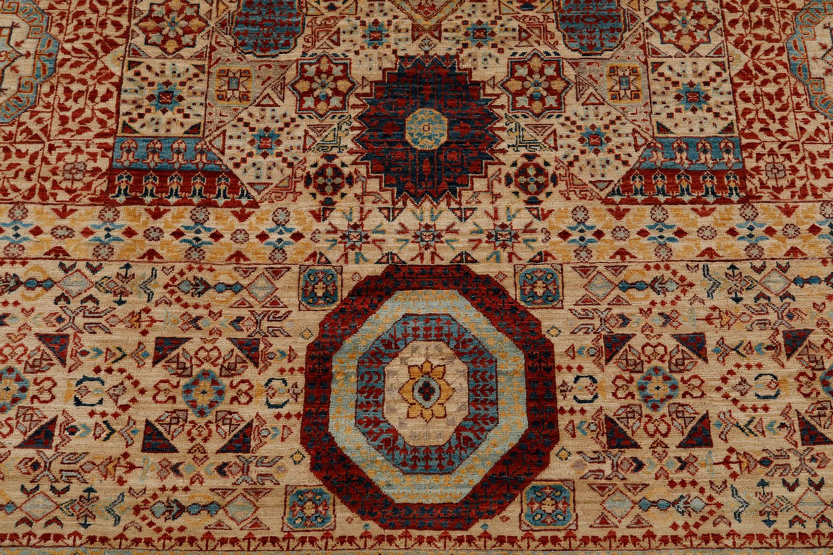 9x12 Ivory and Light Blue Turkish Tribal Rug