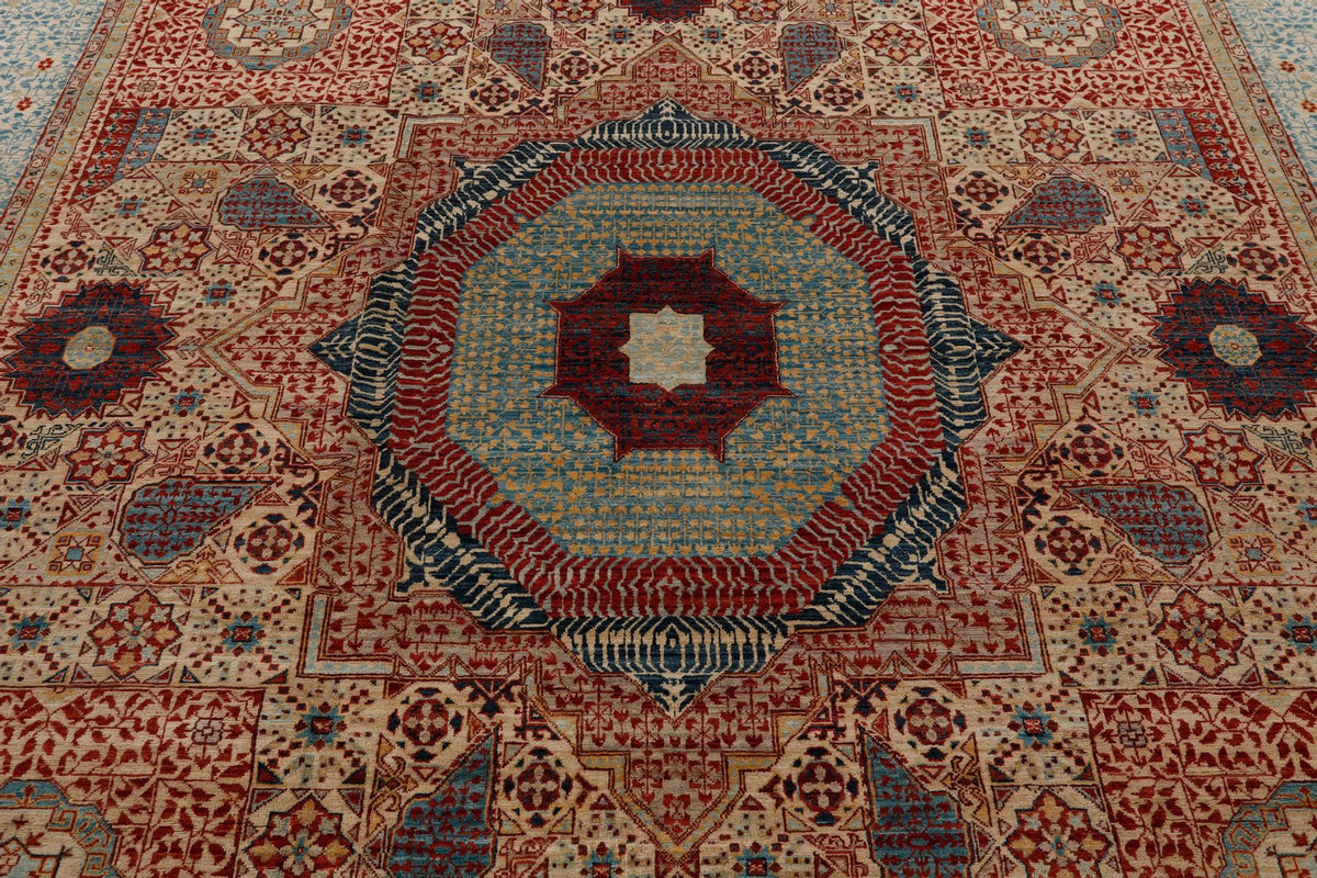 9x12 Ivory and Light Blue Turkish Tribal Rug