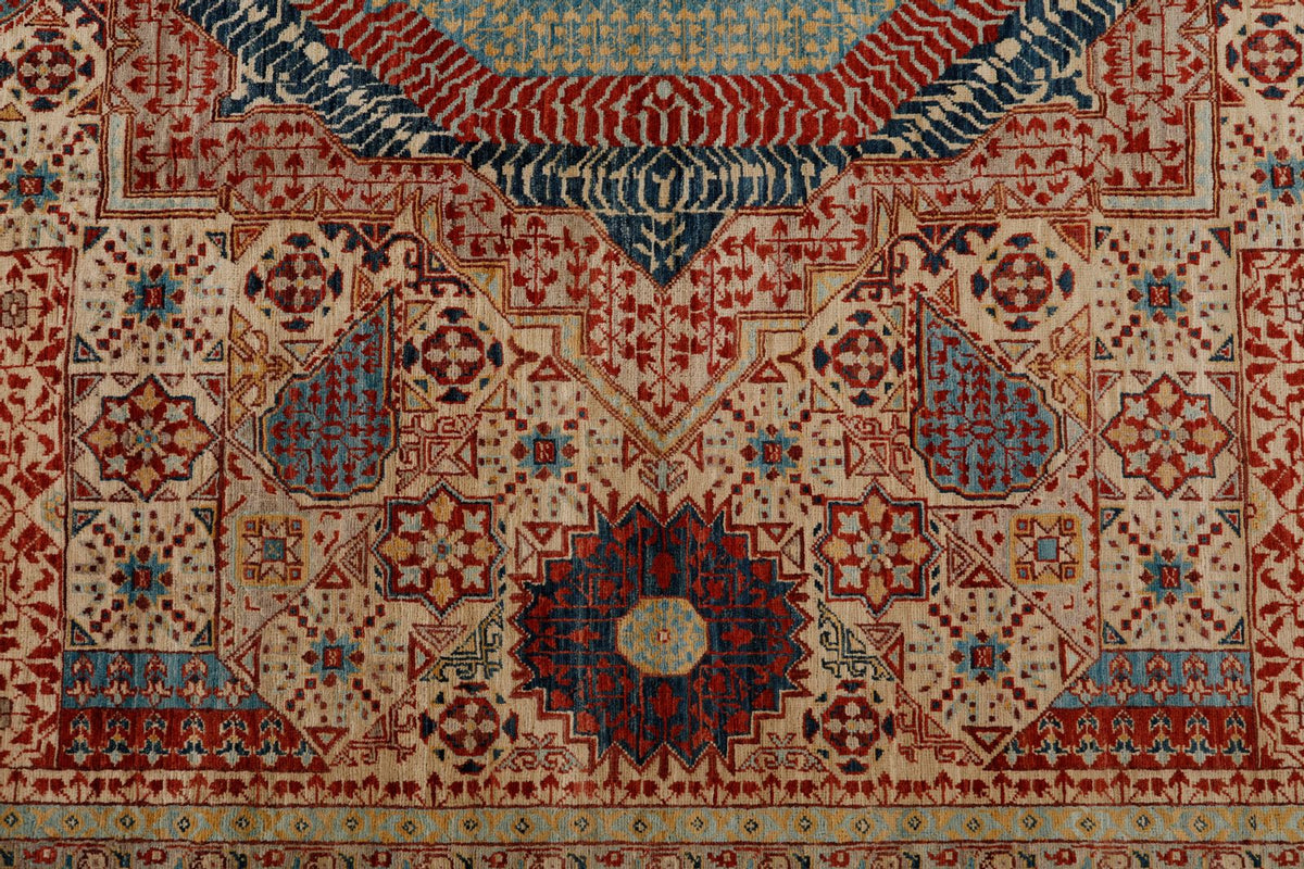 9x12 Ivory and Light Blue Turkish Tribal Rug