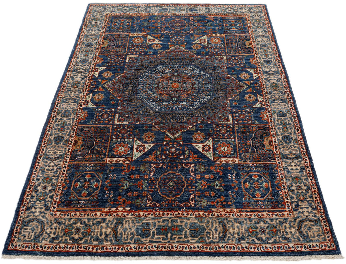 4x6 Navy and Light Blue Turkish Tribal Rug