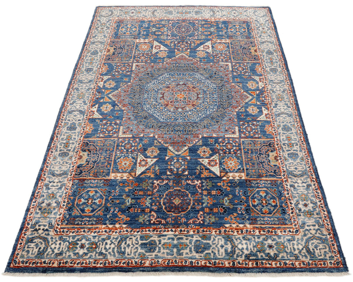 4x6 Navy and Light Blue Turkish Tribal Rug