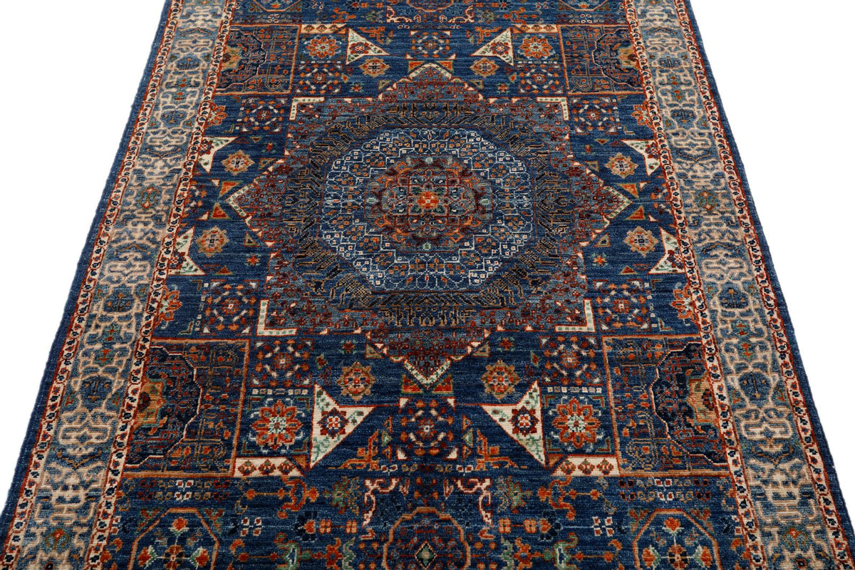 4x6 Navy and Light Blue Turkish Tribal Rug