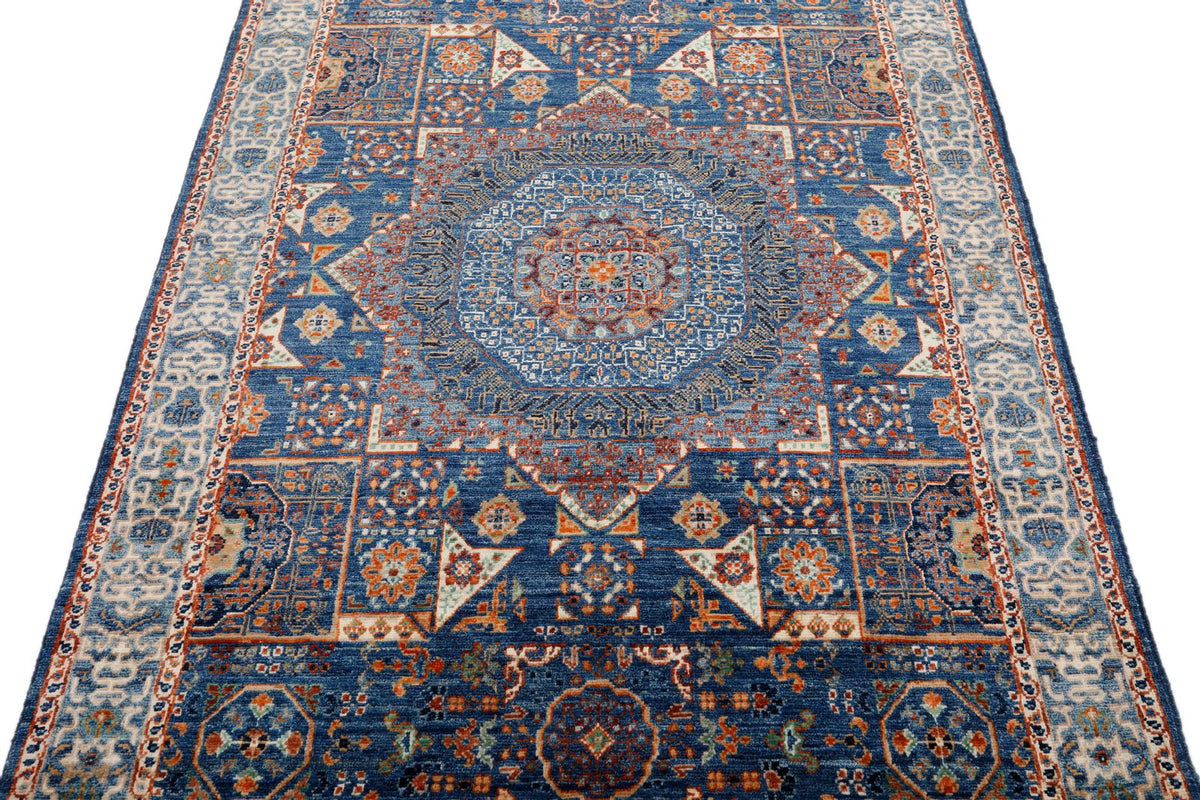 4x6 Navy and Light Blue Turkish Tribal Rug