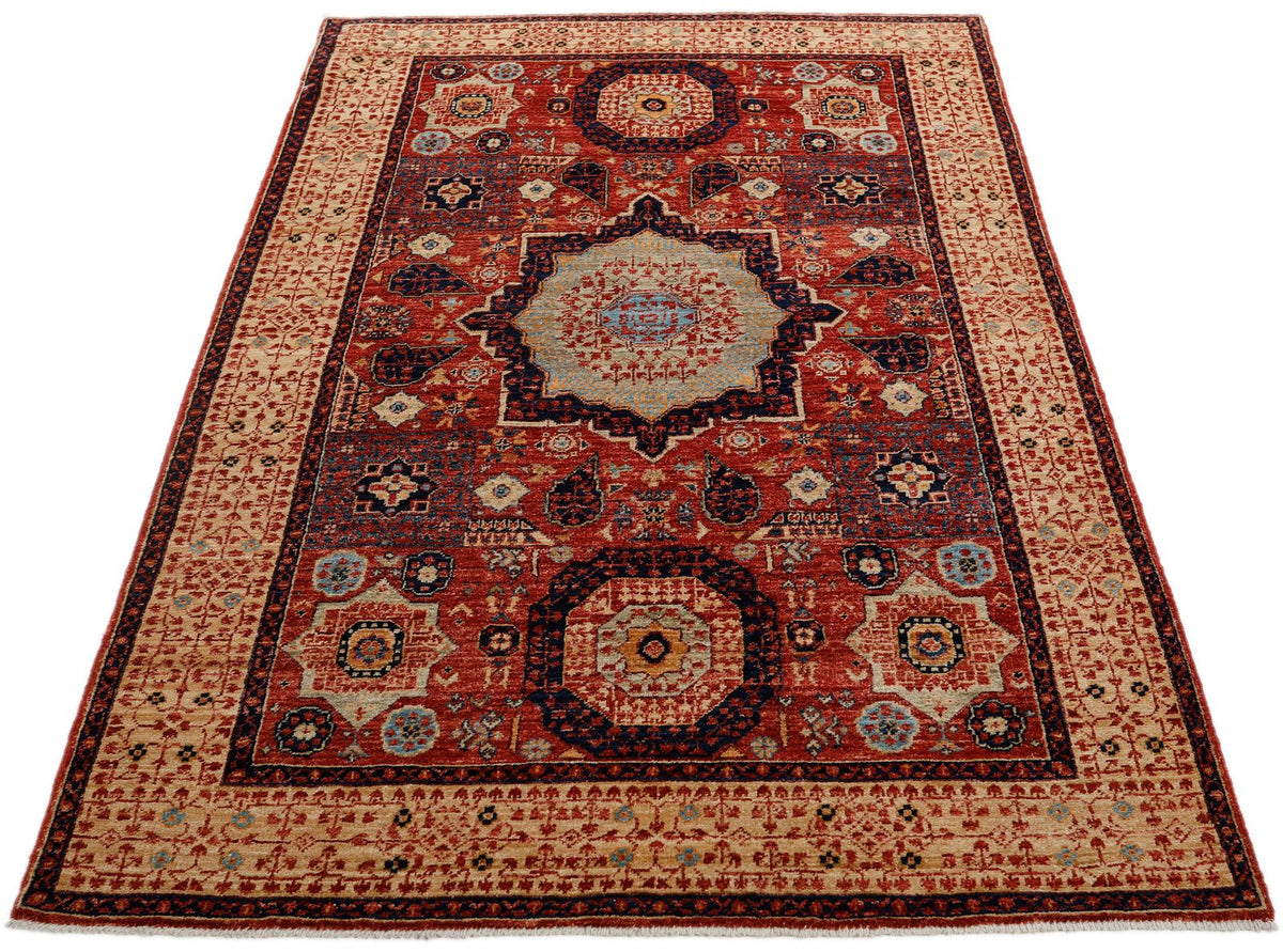 4x6 Burgundy and Light Camel Turkish Tribal Rug