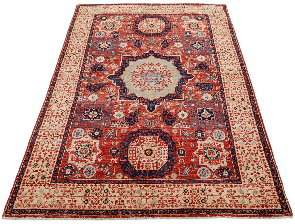 4x6 Burgundy and Light Camel Turkish Tribal Rug
