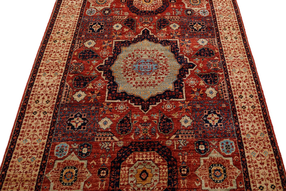 4x6 Burgundy and Light Camel Turkish Tribal Rug