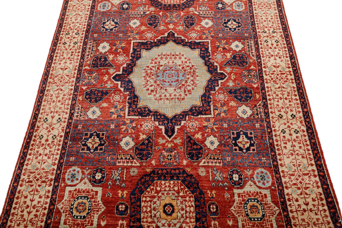 4x6 Burgundy and Light Camel Turkish Tribal Rug