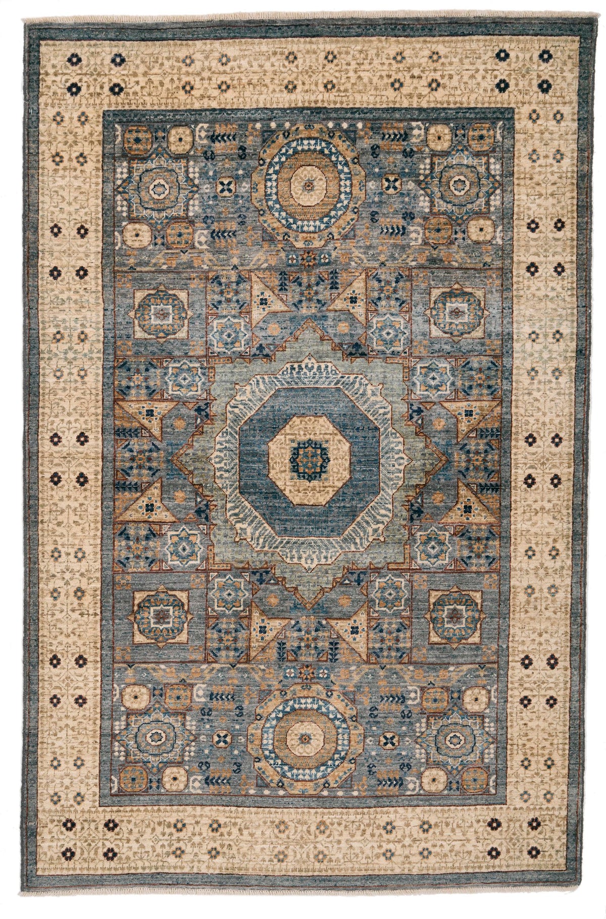 4x6 Gray and Ivory Turkish Tribal Rug