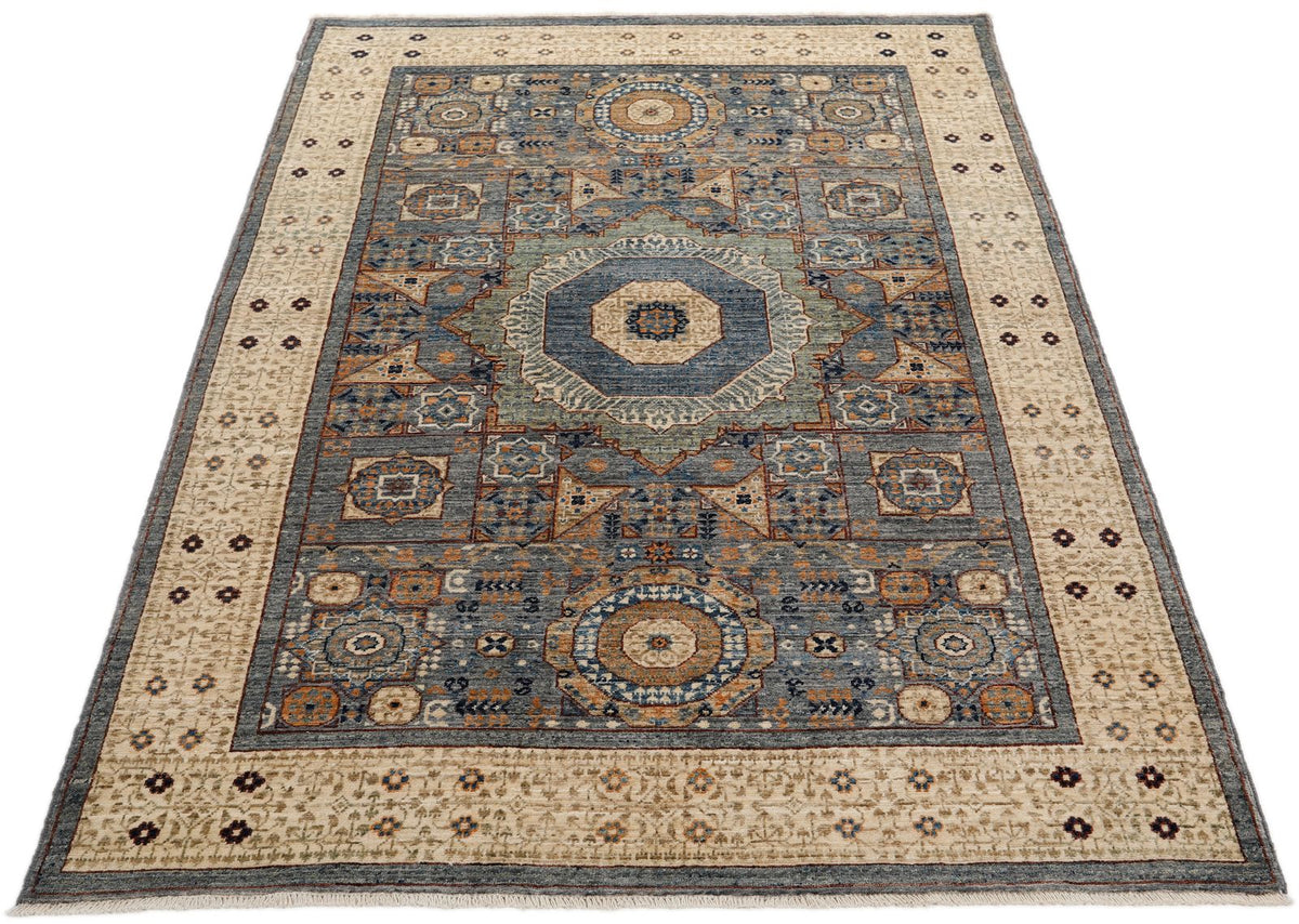 4x6 Gray and Ivory Turkish Tribal Rug