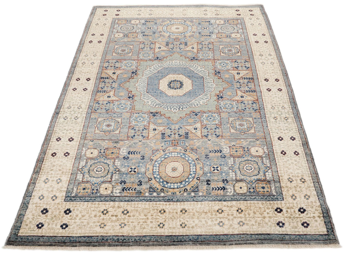 4x6 Gray and Ivory Turkish Tribal Rug