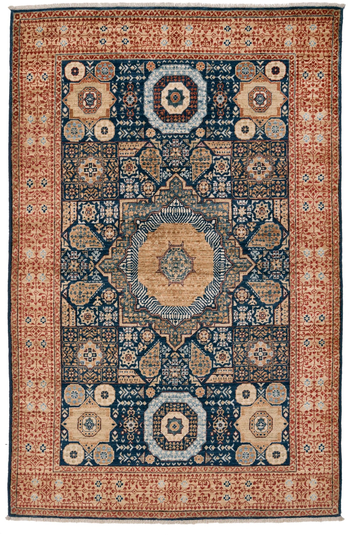 4x6 Navy and Light Camel Turkish Tribal Rug