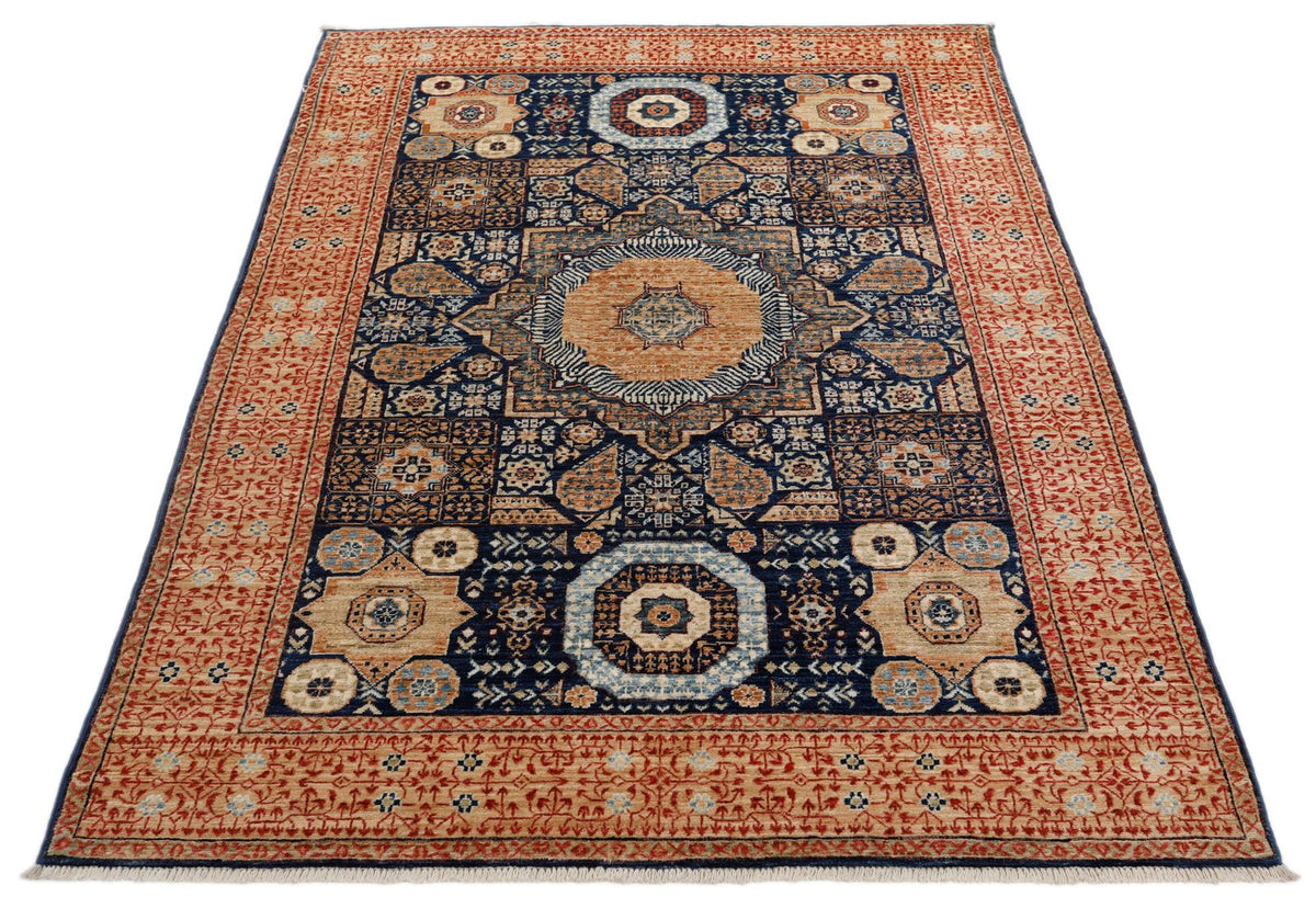 4x6 Navy and Light Camel Turkish Tribal Rug
