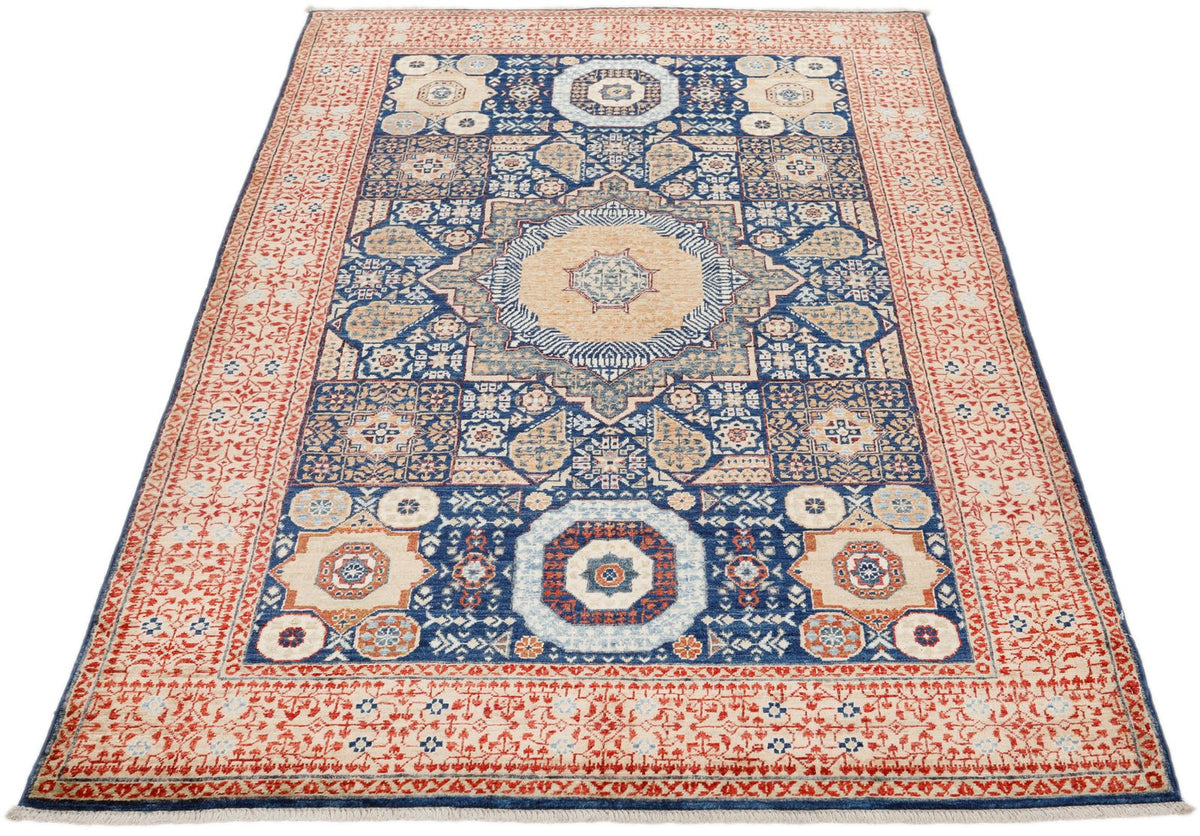 4x6 Navy and Light Camel Turkish Tribal Rug