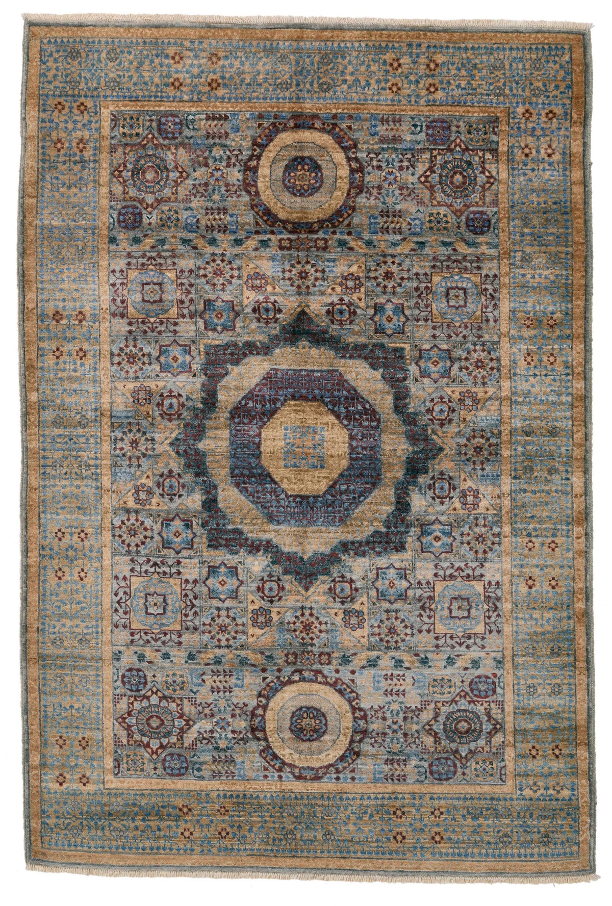 4x6 Light Blue and Light Brown Turkish Tribal Rug