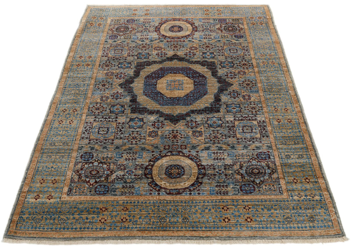 4x6 Light Blue and Light Brown Turkish Tribal Rug