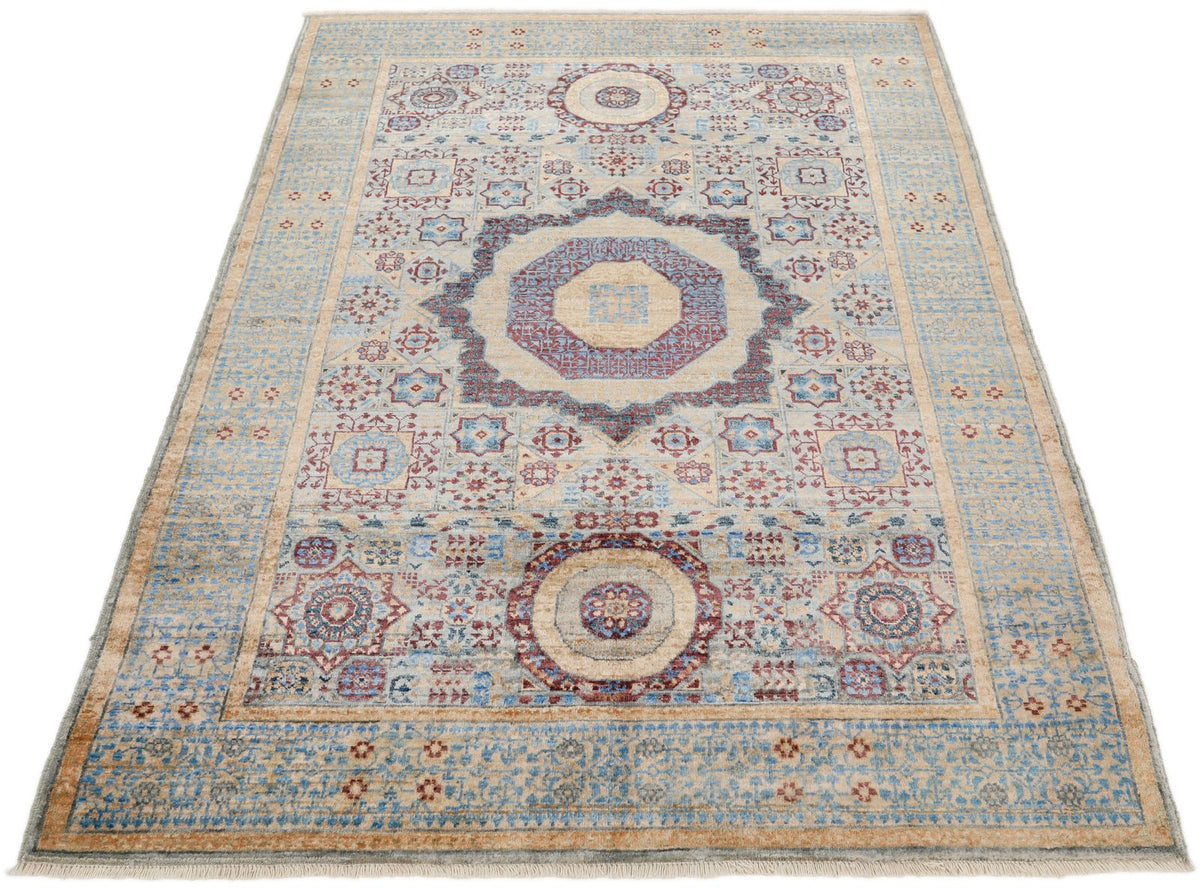 4x6 Light Blue and Light Brown Turkish Tribal Rug