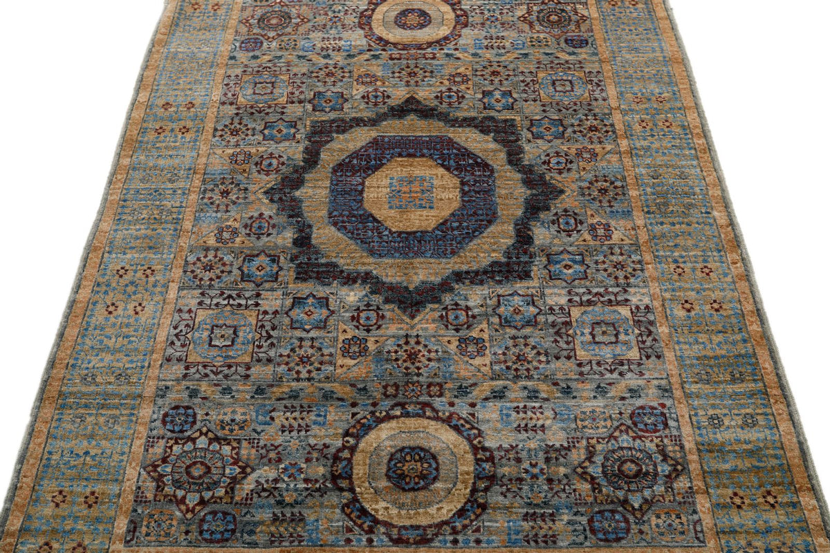 4x6 Light Blue and Light Brown Turkish Tribal Rug
