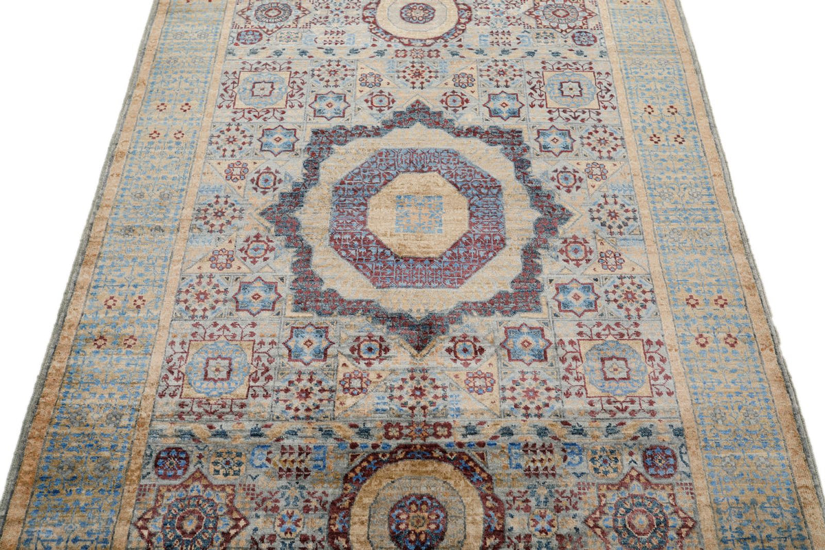4x6 Light Blue and Light Brown Turkish Tribal Rug