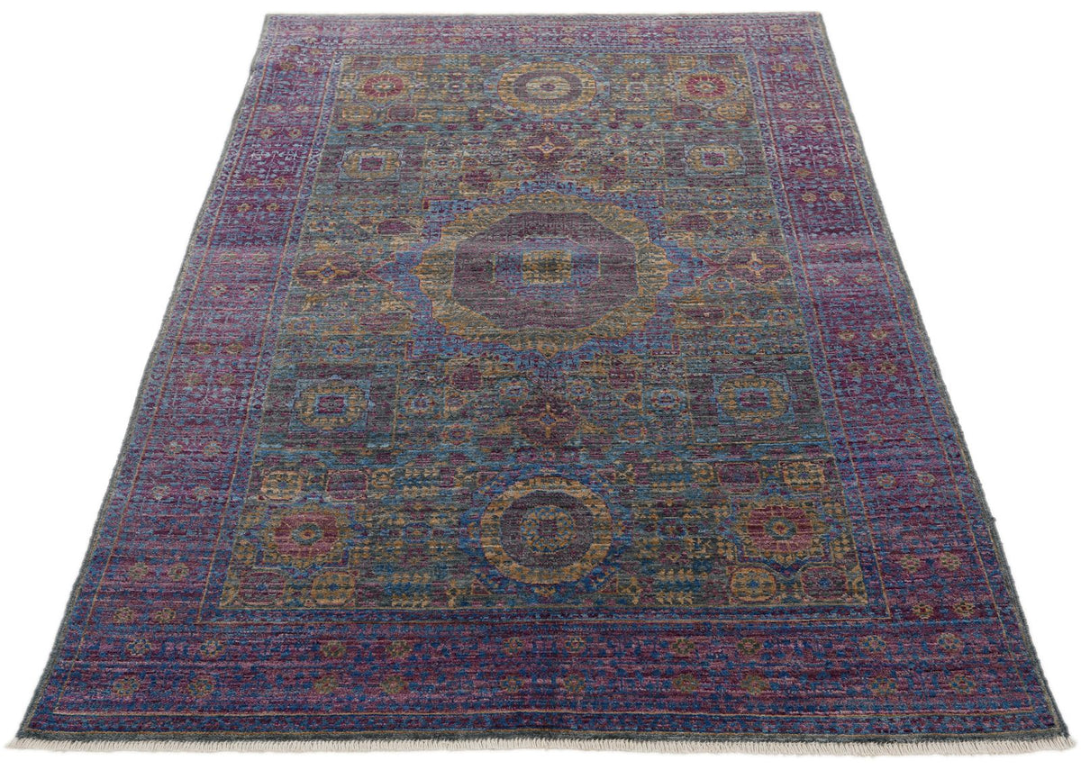 4x6 Light Blue and Purple Turkish Tribal Rug