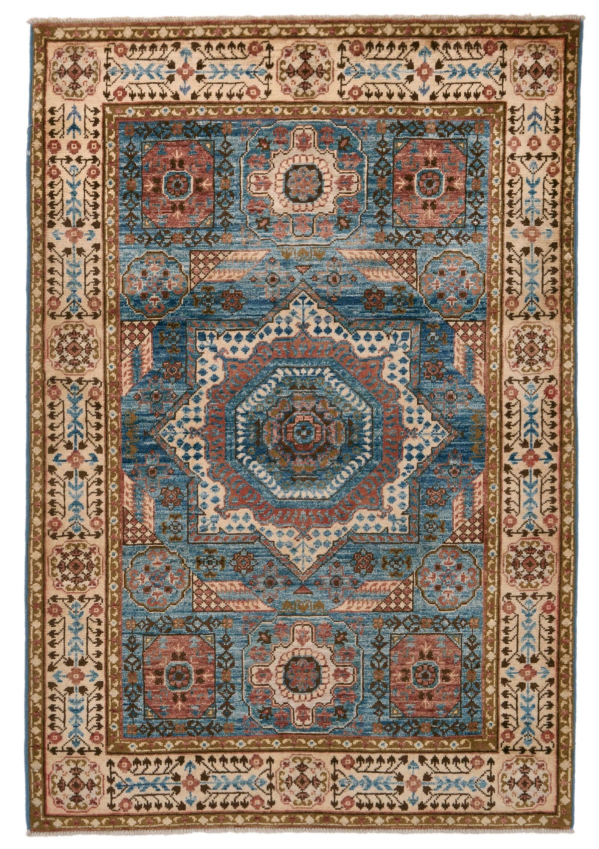 3x5 Light Blue and Ivory Turkish Tribal Rug