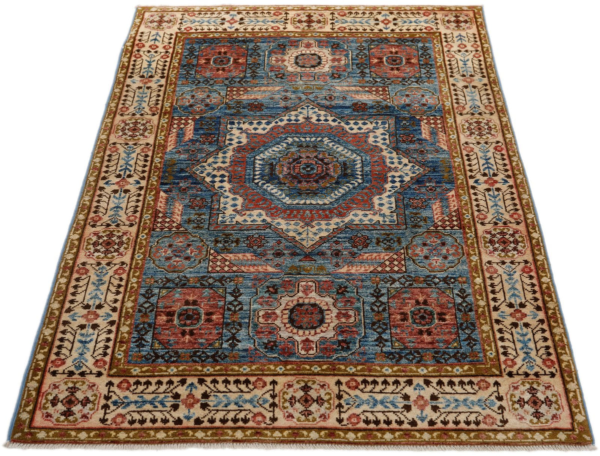 3x5 Light Blue and Ivory Turkish Tribal Rug