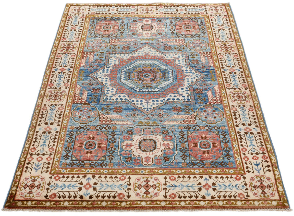 3x5 Light Blue and Ivory Turkish Tribal Rug