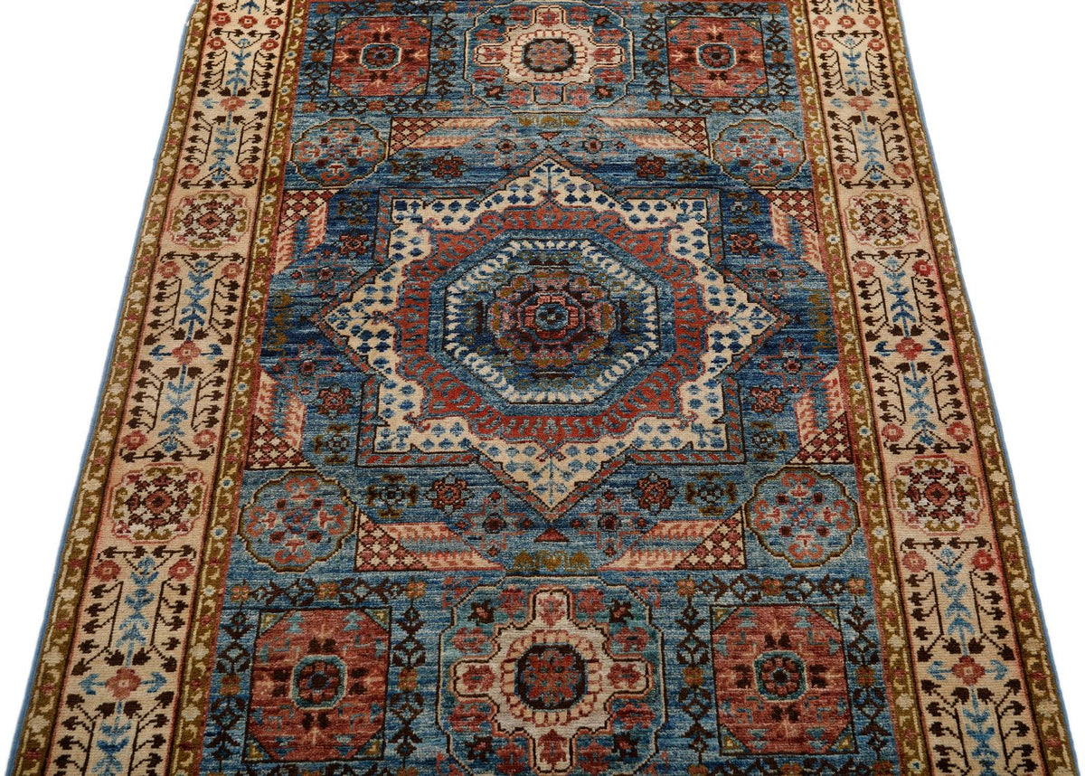 3x5 Light Blue and Ivory Turkish Tribal Rug