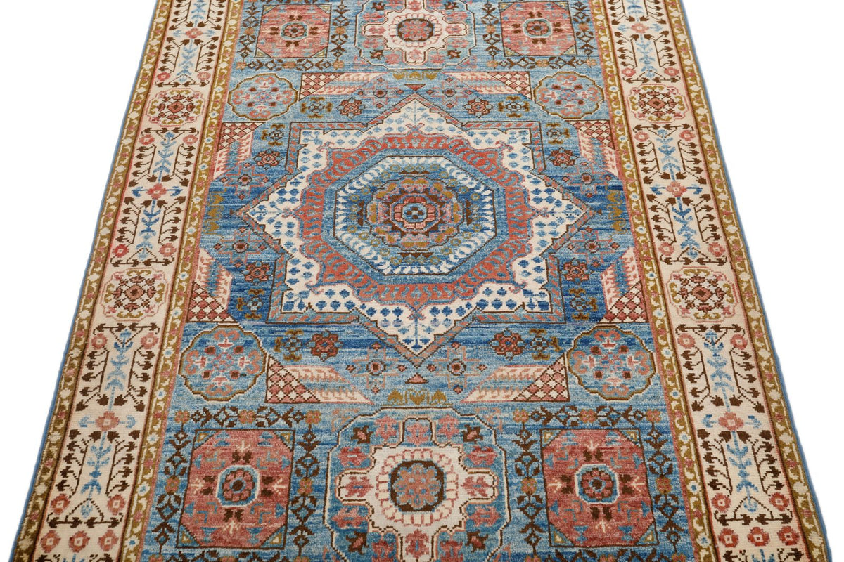3x5 Light Blue and Ivory Turkish Tribal Rug